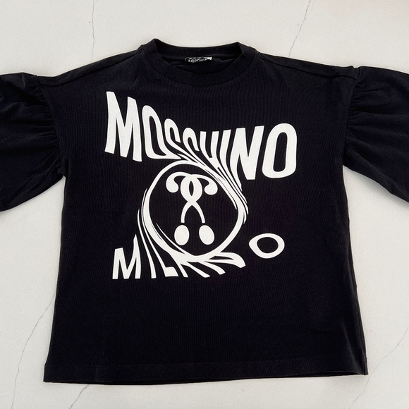 MOSCHINO Teen Black Logo Short Sleeve Oversized Tee Shirt Top Ruffle Shoulders